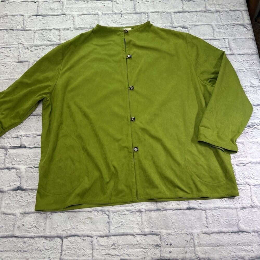 Womens Lime Green Faux Suede Button Front Jacket Pockets Made in USA Large
